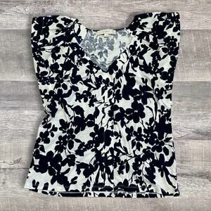 LOFT Floral V Neck Top Womens S White Navy Blue Ruffle Sleeve Cotton Shirt